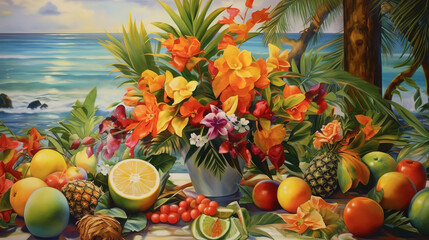 Obraz na płótnie Canvas Tropical fruits seamless pattern. Generative Ai
