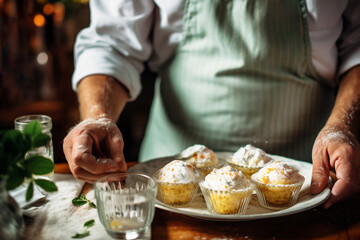 Obraz na płótnie Canvas Male chef hands preparing and decorating cupcakes.