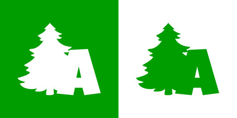 Obraz premium Tiempo de Navidad. Logo con letra inicial A con silueta de árbol de navidad tipo pino o abeto para su uso en invitaciones y felicitaciones