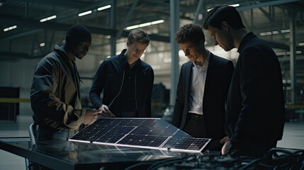Diverse team of engineers discussing over a solar panel prototype, showcasing innovation in the field