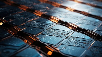 Close-up of solar cell details, showcasing the intricate patterns and materials - obrazy, fototapety, plakaty