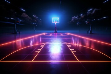 Immersive virtual sport 3D render of a neon lit basketball fields side view - obrazy, fototapety, plakaty