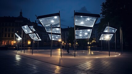 Innovative solar-powered art installation in a city square, blending art with functionality