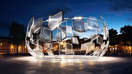 Innovative solar-powered art installation in a city square, blending art with functionality