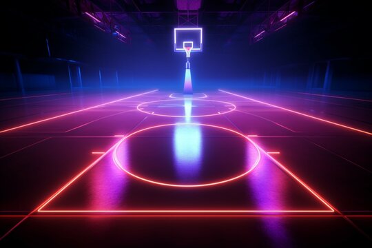 Immersive virtual sport 3D render of a neon lit basketball fields side view