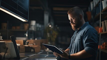 Technician monitoring solar energy output on digital devices, emphasizing the digital management of renewable sources