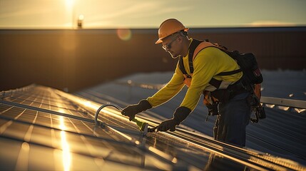Worker cleaning a solar panel array, emphasizing maintenance of solar infrastructure