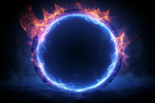 Realistic flame frame A blue neon circle embodies the allure of burning fire