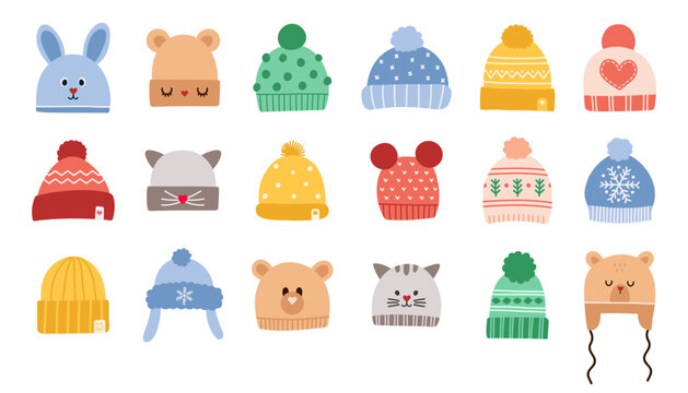 Kids winter knitting headwear set. Children autumn hats collection. Cute cartoon vector illustration.