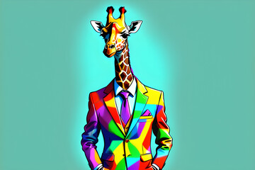 Draw a giraffe standing in a colorful suit.
Generative AI