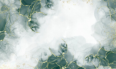green alcohol ink and green watercolor Elegant abstract ink flow art mixed with golden pattern with translucent background.