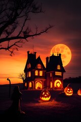 Fototapeta na wymiar During the twilight hours, capture the silhouette of a haunted house against a colorful sunset or a darkening sky. Place carved pumpkins with flickering candles in the foreground to add a touch of war