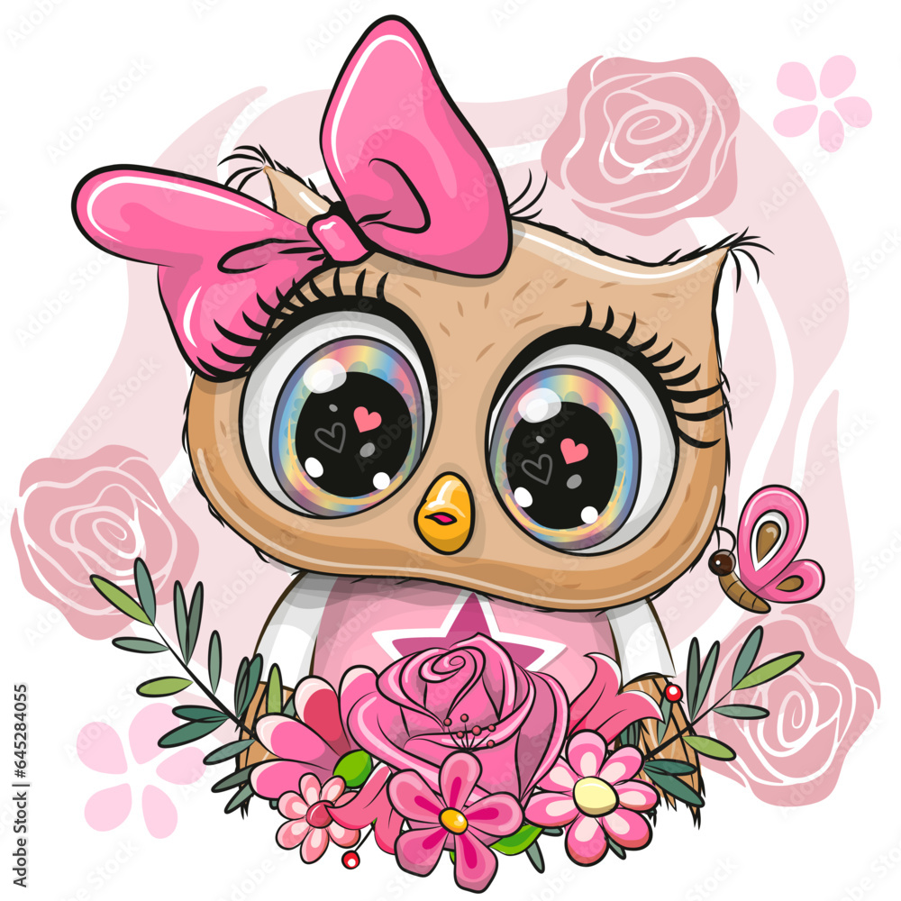 Canvas Prints cartoon owl with flowers on a white background