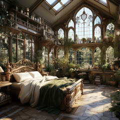 A Renaissance peaceful snug interior of a palace bed 

