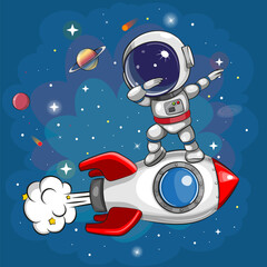 Cartoon dancing astronaut on the rocket on a space background