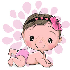 Cartoon baby Girl isolated on a flower background
