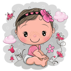 Cartoon baby Girl with flower on the meadow