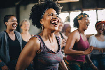 A curly black Woman is happy and screaming in a dance fitness lesson class with friends, having fun enjoying, and celebrating - obrazy, fototapety, plakaty
