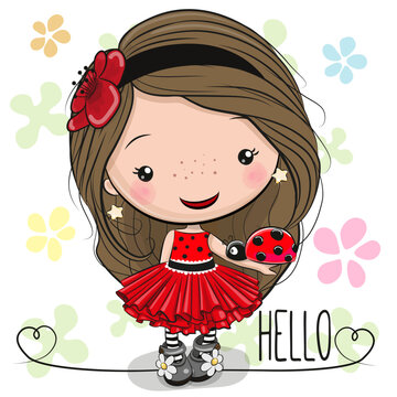 Cartoon Girl in red dress and ladybug