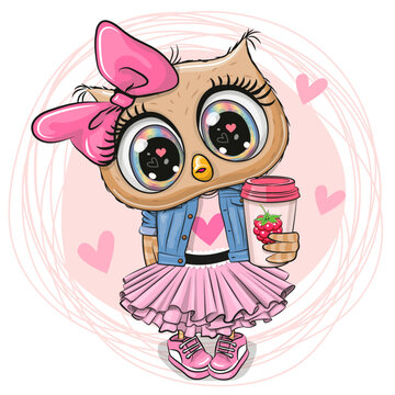 Cartoon Owl with a cup of Milkshake