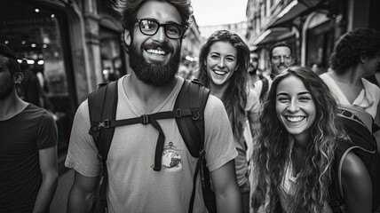Obraz premium Friends traveling happy people smiling lifestyle black and white color