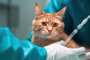 Veterinary doctor giving injection for angry cat. medicine, pet, animals, health care concept - close up of veterinarian doctor checking up at vet clinic. Cat visiting vet for regular checkup