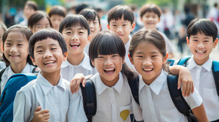 Fototapeta na wymiar A group of elementary school students smiling happily in the sunshine, Asian generative ai