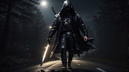 Fototapeta na wymiar Hero cloaked in darkness Armed with a katana, Ninja cloaked in darkness Armed with a katana 16:9