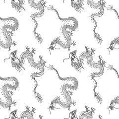 Dragons seamless pattern repeating background east ornament. Hand drawn animals vector illustration, decorative asian element for print, textile,wrapping, poster, template, card, packaging, design