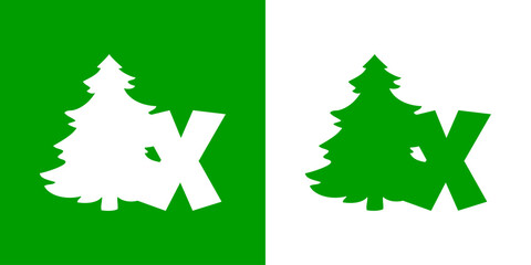 Tiempo de Navidad. Logo con letra inicial X con silueta de árbol de navidad tipo pino o abeto para su uso en invitaciones y felicitaciones