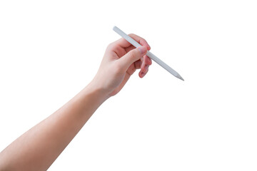 Hand holding white stylus pen isolated on white background.