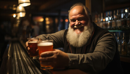 overweight bar tender standing behind the bar in a pub,One beer glass on the bar,hands on head.