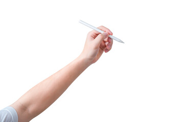 Hand holding white stylus pen isolated on white background.