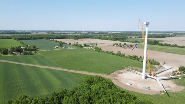 Construction site with spare parts of wind turbine, aerial drone view