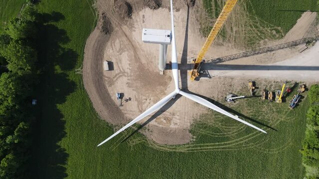 Construction of Beebee wind farm near Ithaca Michigan, aerial top down view