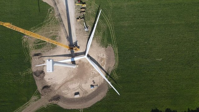 Construction of modern wind turbine, aerial top down view