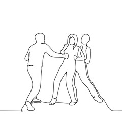 men beat a woman - one line art vector. concept male violence or bullying against women