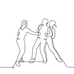woman holds man while a another woman beats the man being held - one line art vector. concept of female violence or bullying against men