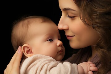 Portrait of a mother hugging and kissing a newborn baby