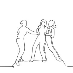 woman holds another while a third beats the one being held - one line art vector. concept of female violence and teenage bullying