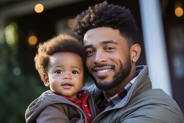 Sonriente padre de raza mixta sosteniendo a su hijo