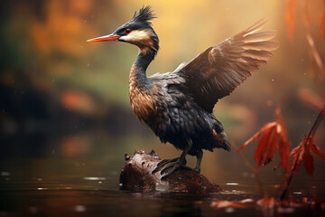 Image of little grebe in the swamp in the fertile forest. Wildlife Animals. bird. Illustration, Generative AI.