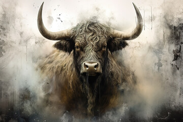 Naklejka premium Image of a highlander cow in the forest with a scary atmosphere, Wildlife Animals., Generative AI, Illustration.