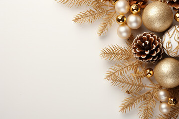 Christmas decoration with branches and ornaments on white background. copy space.