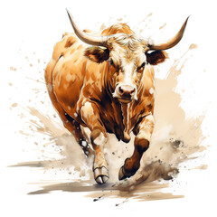 Image of painting brown cow running on white background. Farm animals. Illustration, Generative AI.