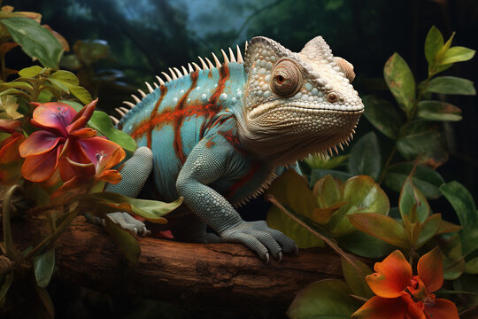 Image of a chameleon and beautiful flowers, Reptile, Wildlife Animals., Generative AI, Illustration.