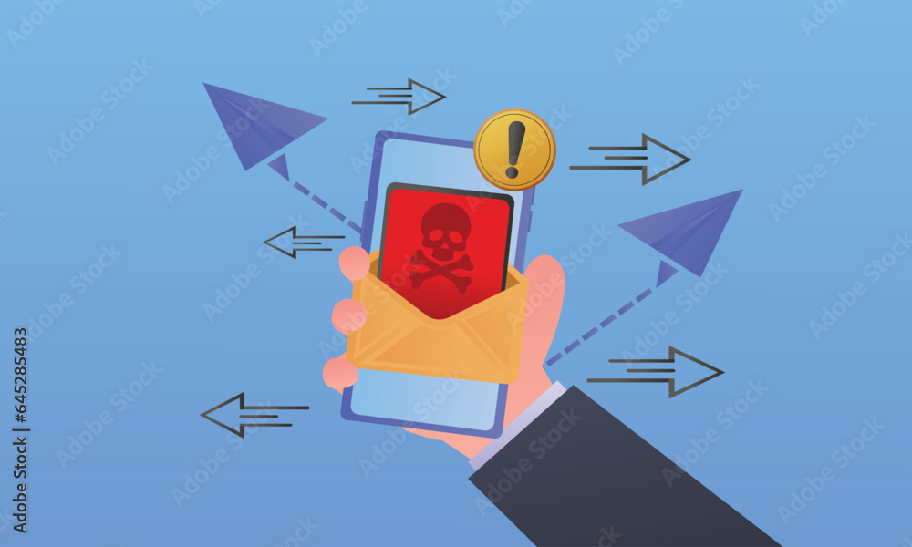 Poster system warning on smartphone hackers defraud users online using mobile phones.on blue background.vec