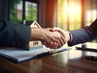 Obraz na płótnie Canvas A businessman and a customer shake hands in front of a residential house, signifying a successful agreement and the completion of a real estate deal.