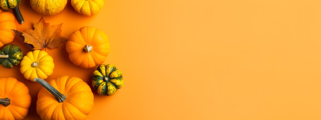 Orange autumn background with pumpkins, gourds and fall leaves