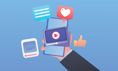 Social Media with video and photo galleries on mobile.on blue background.Vector Design Illustration.